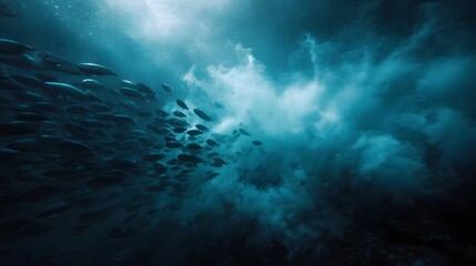 Obraz premium A vast school of fish swims through the deep blue ocean illuminated by ethereal sunlight rays filtering from above
