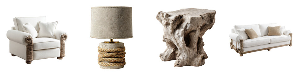 elegant white sofa rustic lamp unique wood table design on transparent background