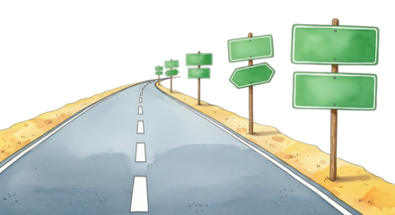 Illustration of a road stretching into the distance with blank green road signs isolated on transparent background
