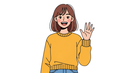 Illustration of a young woman with short brown hair wearing a yellow sweater and blue jeans, waving hello, isolated on transparent background