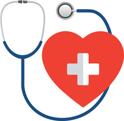 A red stethoscope and heart shape for cardiology, healthcare, and medical diagnostic equipment on a white isolated background