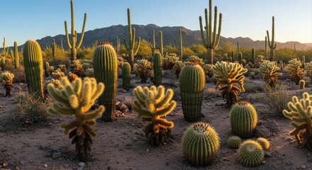 Serene desert landscape showcasing diverse cacti species at golden hour in Arizona