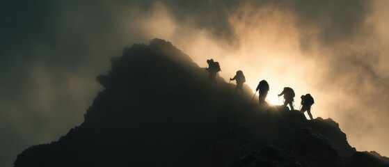 Silhouetted Team Climbing a Mountain Peak at Low Angle with Cinematic Lighting and Dramatic Clouds Background