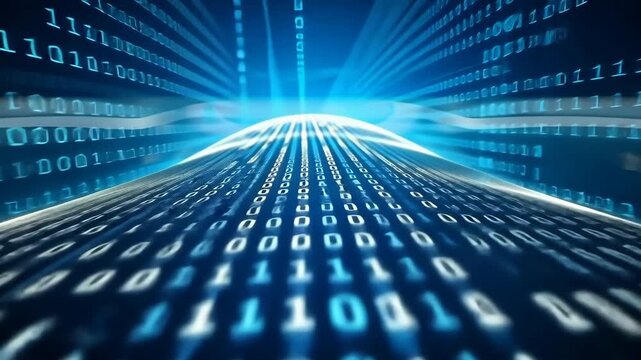 Digital data stream flows through abstract network paths, illuminated with bright blue light, representing information flow and connectivity.