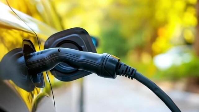 Hand connecting a charging cable to an electric vehicle outdoors with blurred green and yellow foliage in the background.
