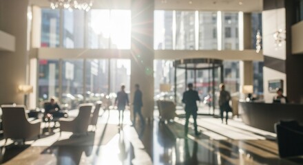 Obraz premium Blurred Luxury Hotel Lobby Entrance with Sunlight and Business People