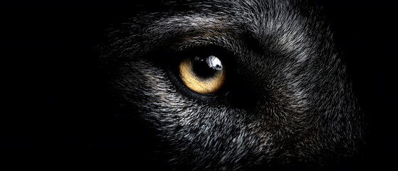 Fototapeta premium shot reveals a striking eye with golden iris against a backdrop of dark fur, demonstrating the detailed texture and captivating gaze, creating an evocative, intense expression.
