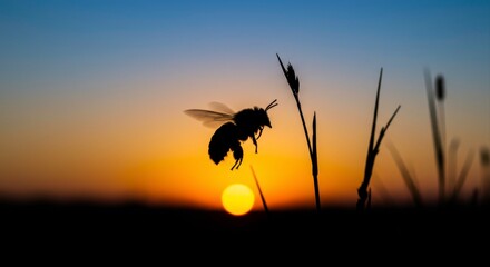 Silhouette of a bee flying near grass stalks during a vibrant sunset hour