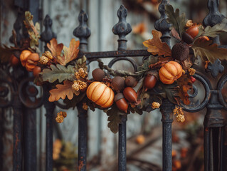 Wrought iron gate decorated with pumpkins, acorns, and autumn leaves. Rustic seasonal still life concept.