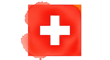 Obraz premium Illustration of red square with white cross and red watercolor splashes isolated on transparent background