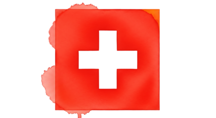 Illustration of red square with white cross and red watercolor splashes isolated on transparent background