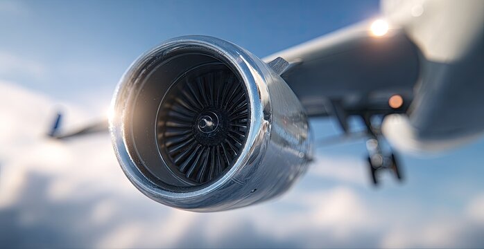 Aircraft engine close-up against a bright sky with wing visible
