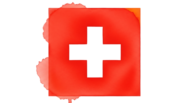 Illustration of red square with white cross and red watercolor splashes isolated on transparent background - Powered by Adobe