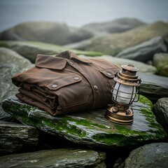 Vintage Style: Rugged Outdoor Apparel and Nostalgic Lantern for Adventure and Exploration Promotion