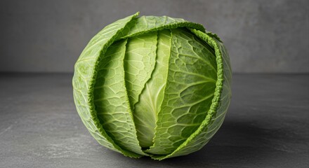 Single green cabbage head on a gray background capturing the beauty of produce