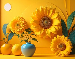 Vibrant yellow flowers and citrus fruits