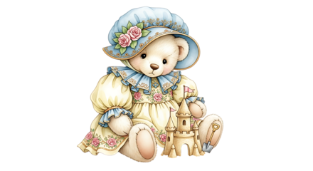 Illustration of a cute teddy bear wearing a hat and dress, holding a toy castle, isolated on transparent background
