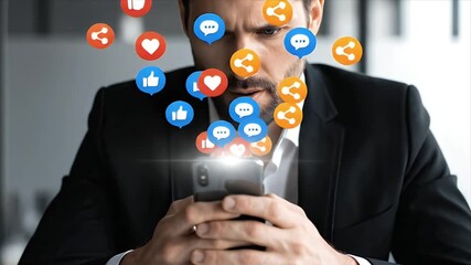 Businessman Using Smartphone with Social Media Icons Floating Around Him - Digital Marketing Concept - Powered by Adobe
