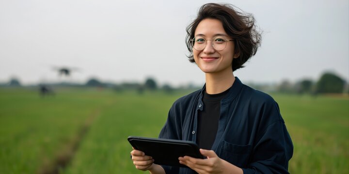 Asian female young adult with tablet in agricultural field
