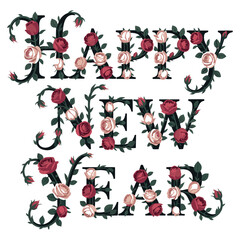 Elegant floral typography spelling happy new year adorned with delicate roses and lush green leaves on a white background