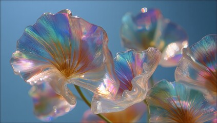Iridescent, translucent blooms against soft blue backdrop