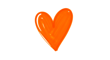 Illustration of a bright orange heart shape, handdrawn style, isolated on transparent background