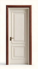A closed interior door with a white panel and a brown frame on a plain white background in a studio shot