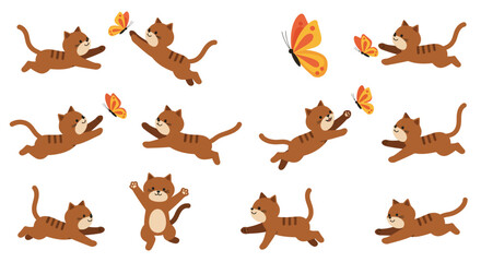 Brown tabby cats chasing orange and yellow butterflies across a white background