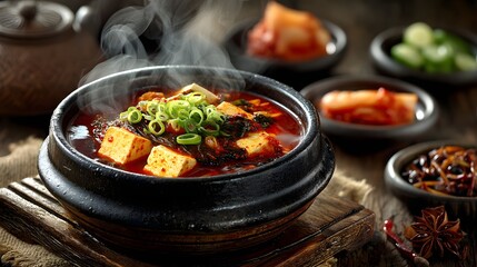 Hot Spicy Tofu Stew with Steaming Aroma and Fresh Green Onions