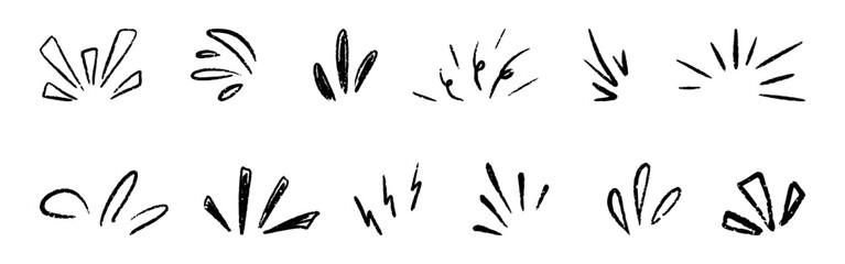 Comic explosion twinkle . Hand drawn doodle burst manga effect with line, and sparkle rays shine. Crayon surprise element, expressive starburst and chalk sun highlight for design accent. Vector