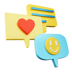 Three Dimensional Communication Bubbles Featuring Heart Smile and Text on a Transparent Background