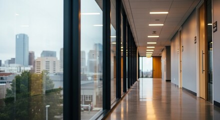 Obraz premium Modern Interior Office Building Hallway with City Skyline View Background