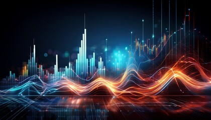 abstract glowing lines forming dynamic stock market charts and graphs on digital screen