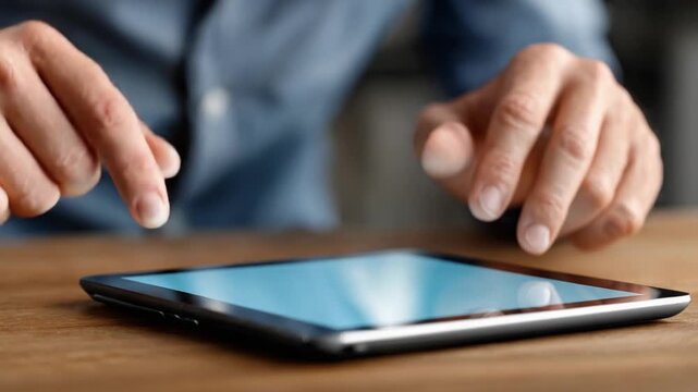 Tablet Interaction: A close-up shot captures a person's hands gracefully interacting with a sleek tablet, highlighting modern technology's intuitive interface and seamless functionality.