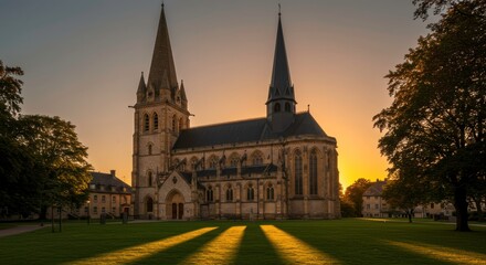 Spectacular architectural view of Lessay Abbey with long shadows at sunset Normandy