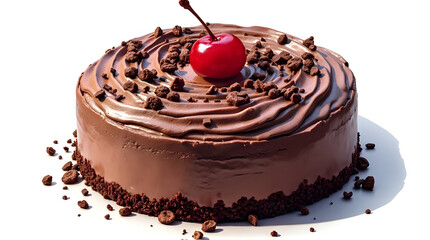 A chocolate cake with cherry and chocolate toppings