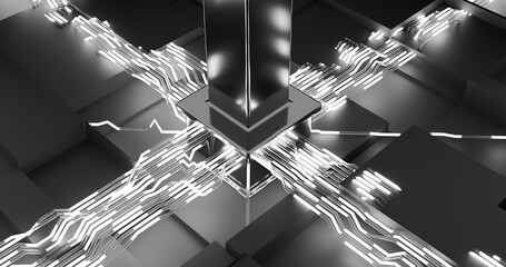 Render 3D de um pilar metálico conectado por trilhas/cabos luminosos brancos em cruz sobre superfície modular. Visual high-tech, minimalista e simétrico © Mirella