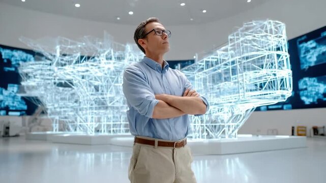 Visionary Architect: A man in a light blue shirt stands proudly in a futuristic architectural marvel, surveying the blueprints and structural designs.