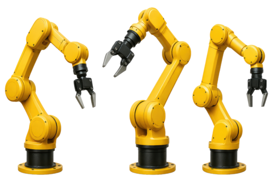 Three Yellow Industrial Robotic Arms with Grippers on White Background robot arm automation isolated on a transparent background