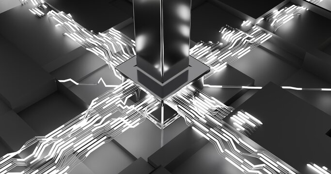 Render 3D de um pilar met&aacute;lico conectado por trilhas/cabos luminosos brancos em cruz sobre superf&iacute;cie modular. Visual high-tech, minimalista e sim&eacute;trico