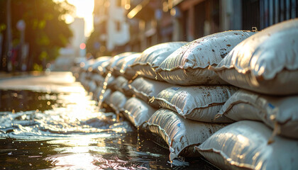 Sandbags line flooded street as sunlight reflects off water showing visual of sea level rise and urban impact