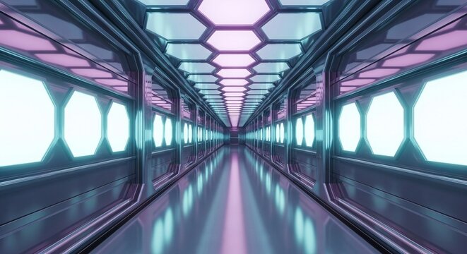 Futuristic Long Metallic Corridor with Neon Lights and Hexagonal Ceiling Panels