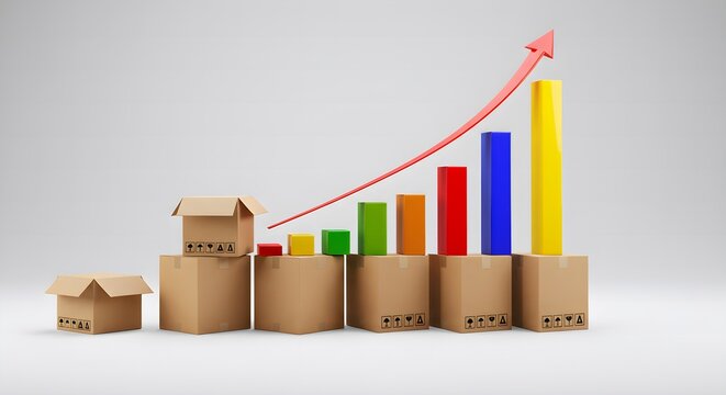 Business growth concept with cardboard boxes and rising graph arrow, delivery and sales.