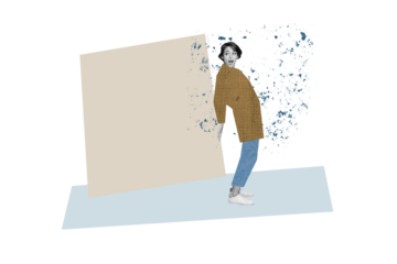 Composite photo collage of astonished girl push square geometry figure business development shape surreal isolated on painted background