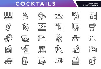 Chocktails line icon set. Beer, mojito, whiskey, garnishes, straws, cappuccino, teapot, wine, drug, grapes, juice, Cuba Libre, lemonade, and ice tea line icon pack. Editable stroke