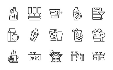 Chocktails line icon set. Beer, mojito, whiskey, garnishes, straws, cappuccino, teapot, wine, drug, graps, juice, Cuba Libre, lemonade, iced tea line icon pack