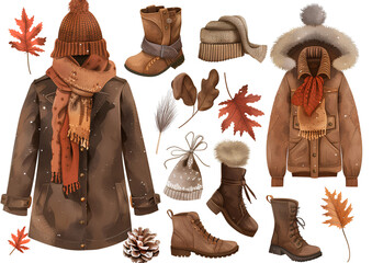 a set of autumn and winter , including a brown coat, sweater, scarf, hat, gloves, and boots, in high-resolution png format with a transparent background.
