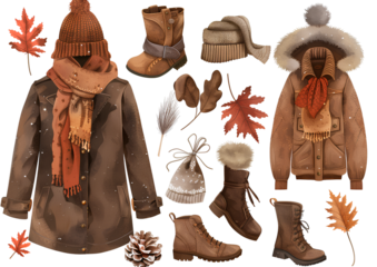 a set of autumn and winter , including a brown coat, sweater, scarf, hat, gloves, and boots, in high-resolution png format with a transparent background.
