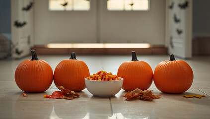 Vibrant pumpkins and sweet candy corn create a festive Halloween scene perfect for seasonal promotions and holiday decor inspiration