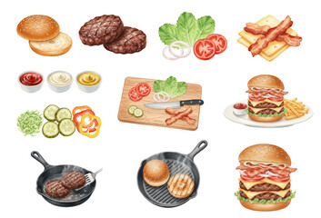 Watercolor Burger Ingredients – Buns, Meat, Cheese and Vegetables